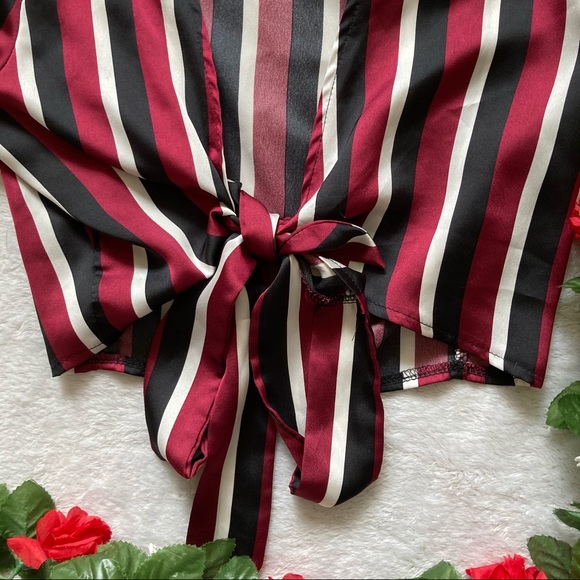 Missguided Maroon Striped Cropped Wrap Long Sleeve - Picture 3 of 7